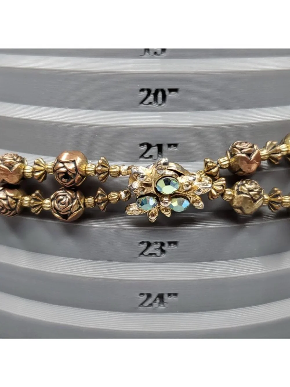 Vintage Beaded Necklace Clip On Earring Set Copper Gold Tone Rosebud 21